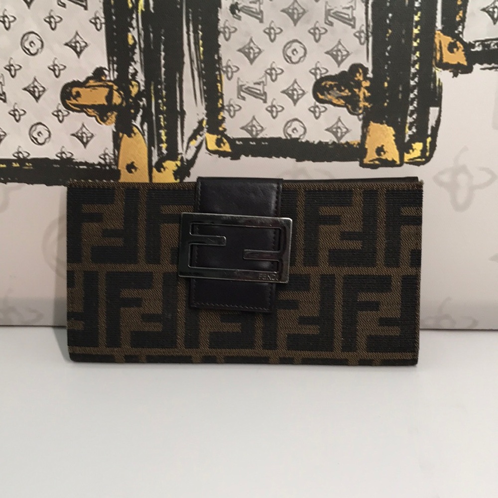 Pre-Loved Fendi Monogram Brown/Black Clutch Silver Logo 7.5x3.5”